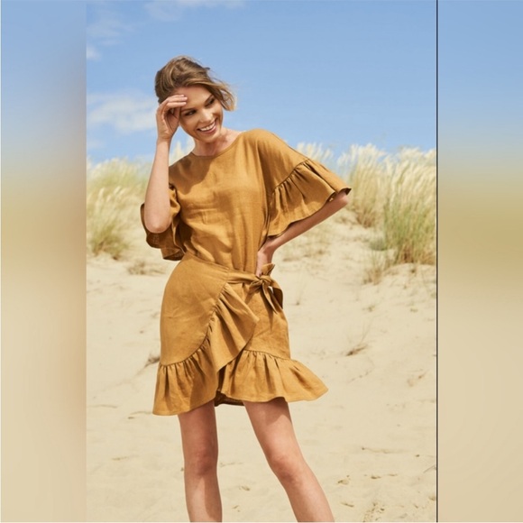 Linen Handmade Studio Tobacco Burnt Orange Cheryl Ruffle Wrap Mini Dress Size 6 - Picture 12 of 13